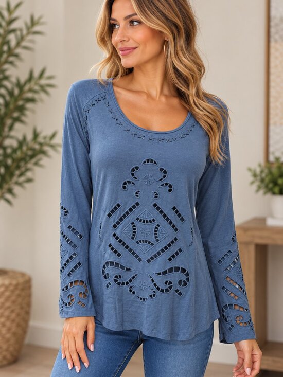 Monoreno Tops - Monoreno L Slate Blue Embroidered Cutout Long Sleeve Boho Tunic Top Artsy